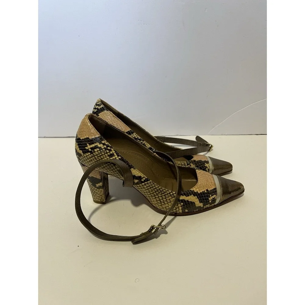 Anyi Lu Snake Skin Pointed-Toe Mary Jane Pumps